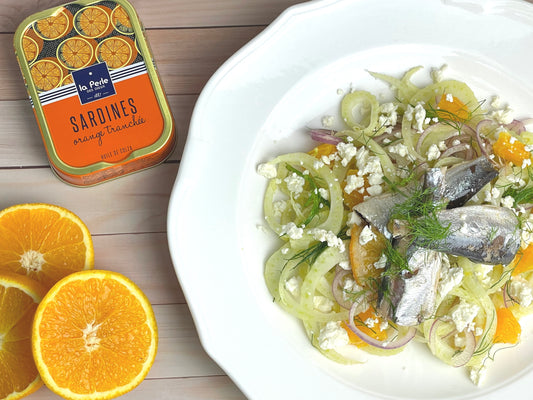 Fenchel Salat, Sardinen in Rapsöl mit frischen Orangen und Feta Käse