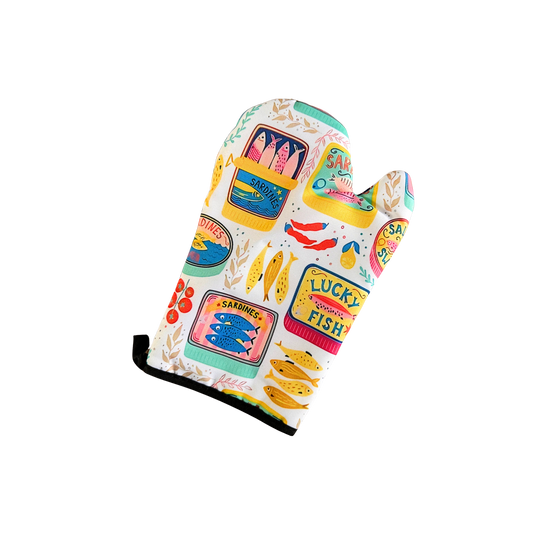 Sardinen-Ofenhandschuh & Topflappen – Bunte Dosen (2er-Set)