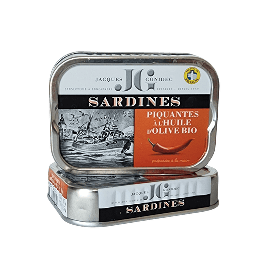 Pikante Sardinen in Olivenöl | JG - Jacques Gonidec | Concarneau | Frankreich